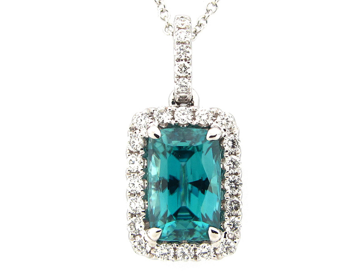 BLUE ZIRCON & DIAMOND PENDANT, 18KW (H)