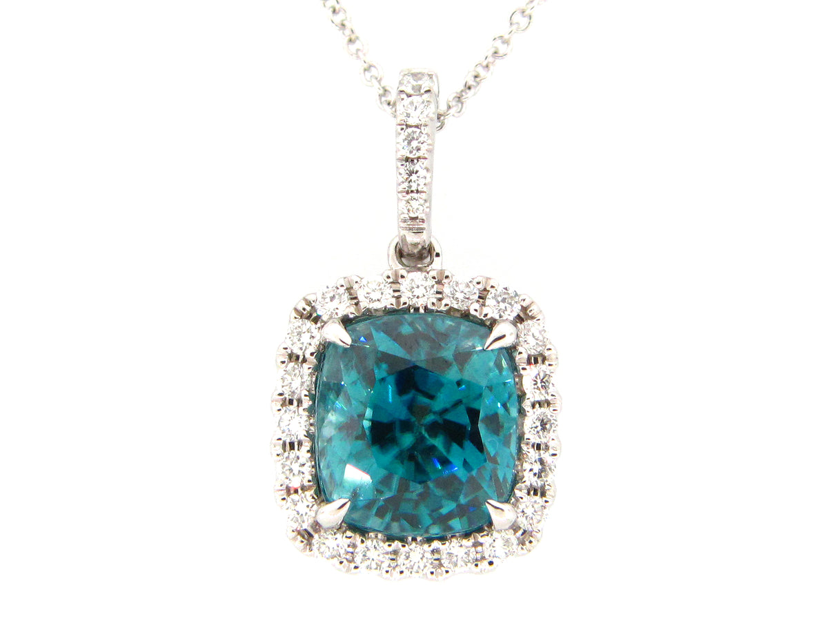 BLUE ZIRCON & DIAMOND PENDANT, 18KW (H)