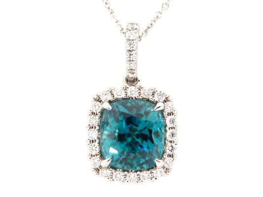 BLUE ZIRCON & DIAMOND PENDANT, 18KW (H)