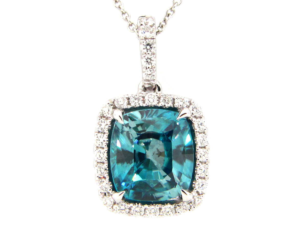 BLUE ZIRCON & DIAMOND PENDANT, 18KW (H)