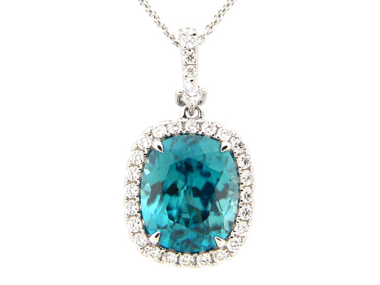 BLUE ZIRCON & DIAMOND PENDANT, 18" CHAIN, 18KW (H)
