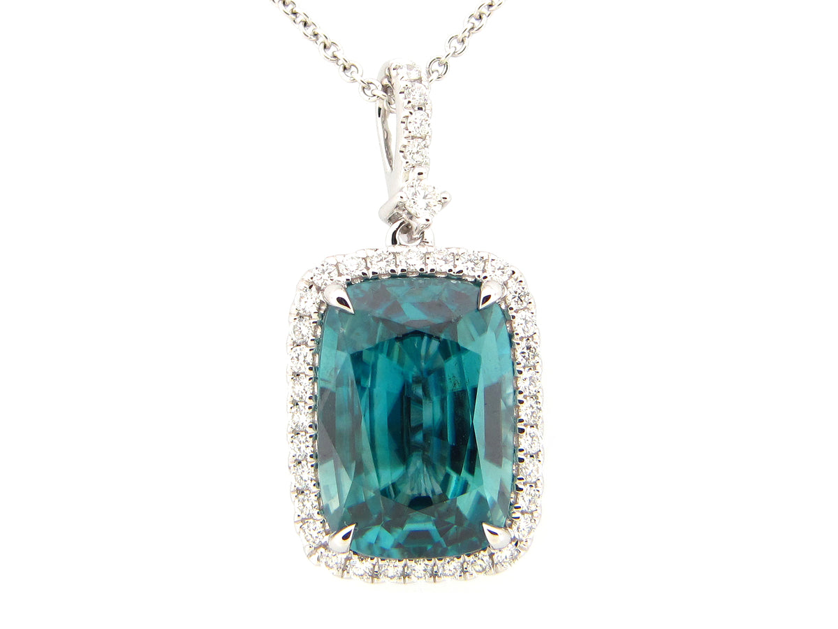 BLUE ZIRCON & DIAMOND PENDANT, 18" CHAIN, 18KW (H)