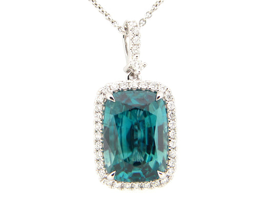 BLUE ZIRCON & DIAMOND PENDANT, 18" CHAIN, 18KW (H)