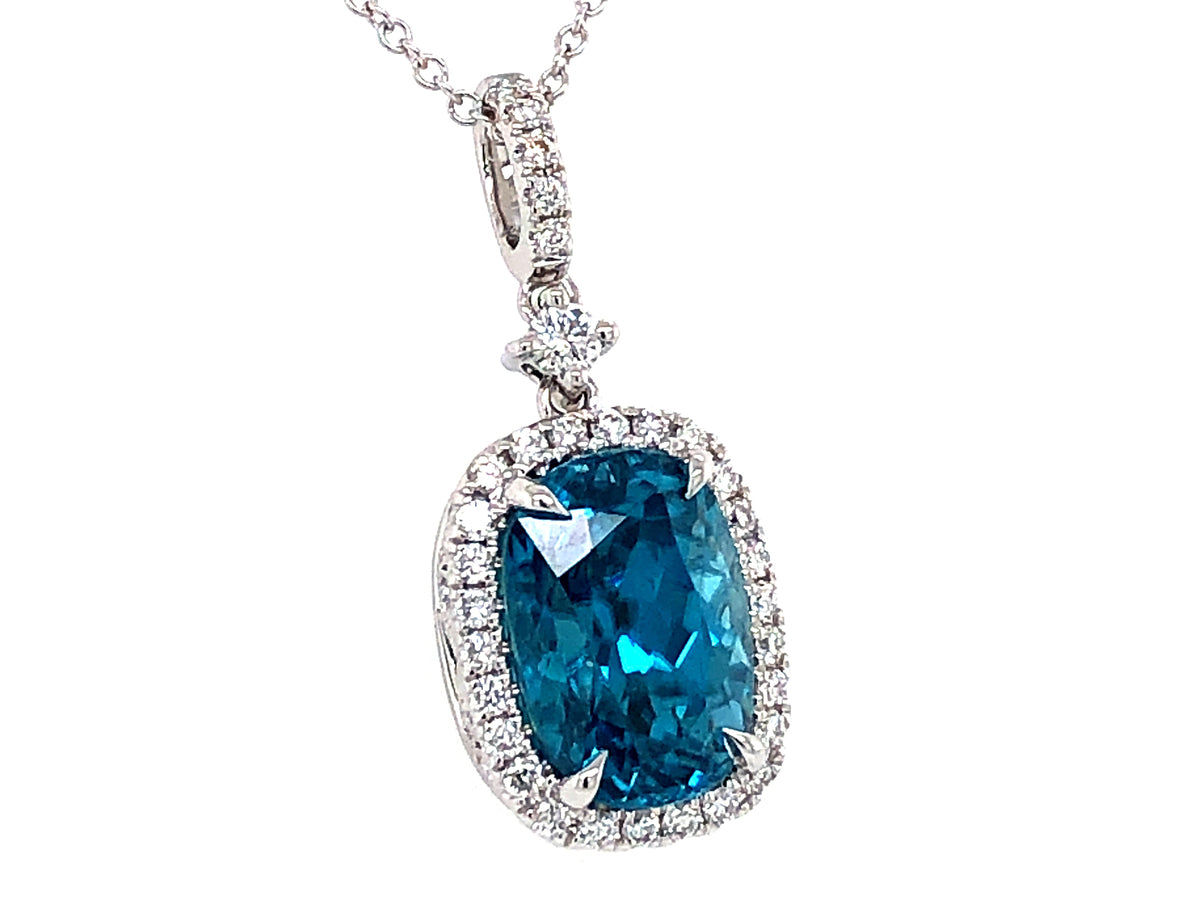 BLUE ZIRCON CUSHION & DIAMOND PENDANT, 18"/16" CHAIN, 18KW (H)