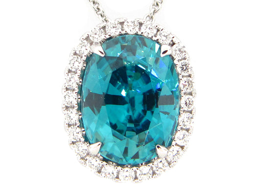 BLUE ZIRCON & DIAMOND PENDANT, 18KW (H)