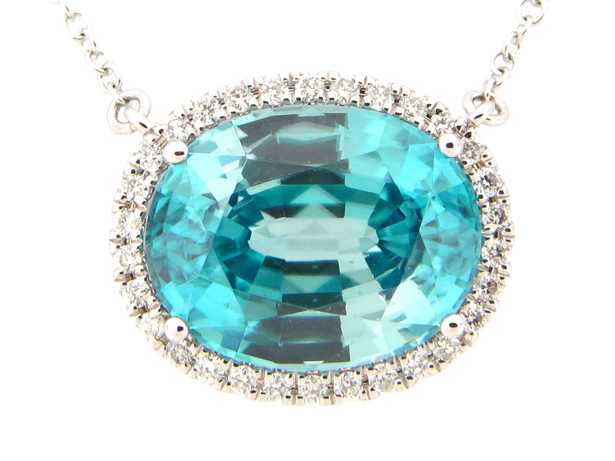 BLUE ZIRCON & DIAMOND PENDANT NECKLACE, 18",17",16"