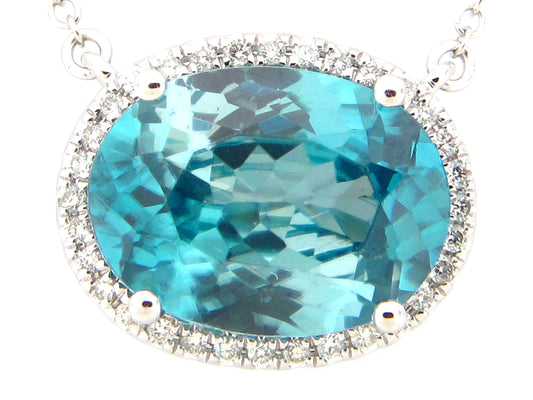 BLUE ZIRCON & DIAMOND PENDANT NECKLACE, 18",17",16", 18KW (H)