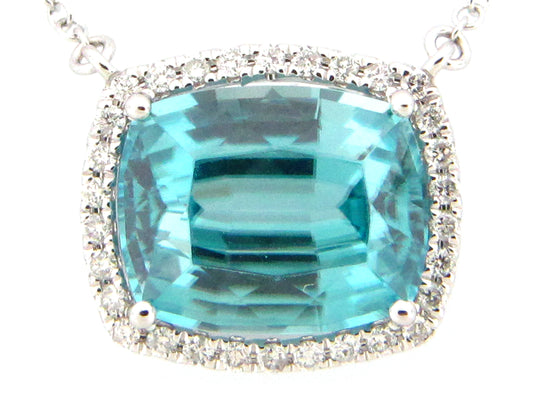 BLUE ZIRCON & DIAMOND PENDANT NECKLACE, 18",17",16", 18KW (H)