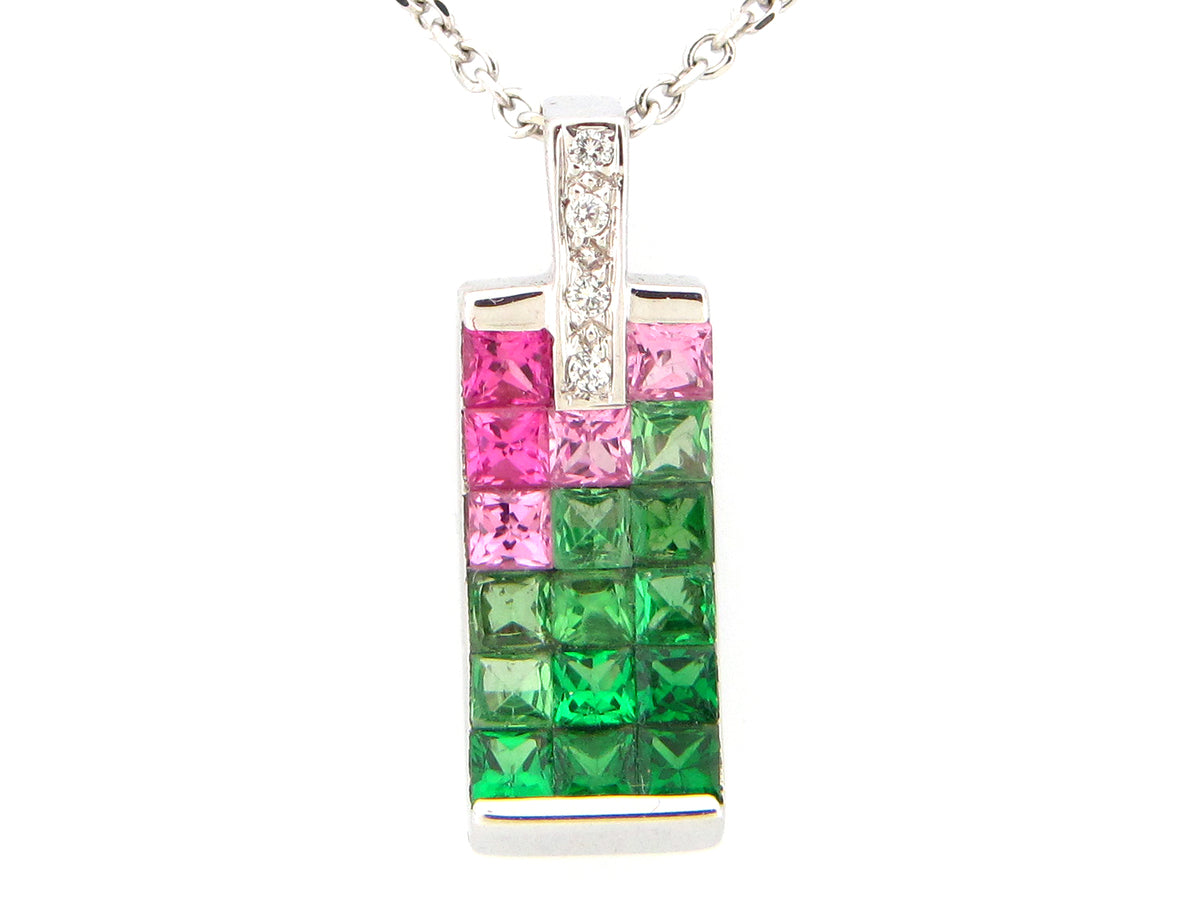 PINK SAPPHIRE, TSAVORITE & DIAMOND PENDANT, 18KW (H), C=1.20