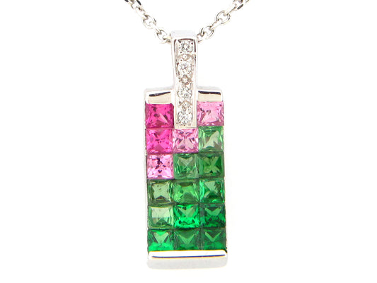 PINK SAPPHIRE, TSAVORITE & DIAMOND PENDANT, 18KW (H), C=1.20