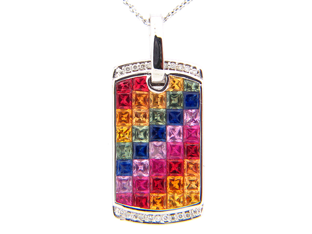 RAINBOW SAPPHIRE & DIA DOG TAG PENDANT