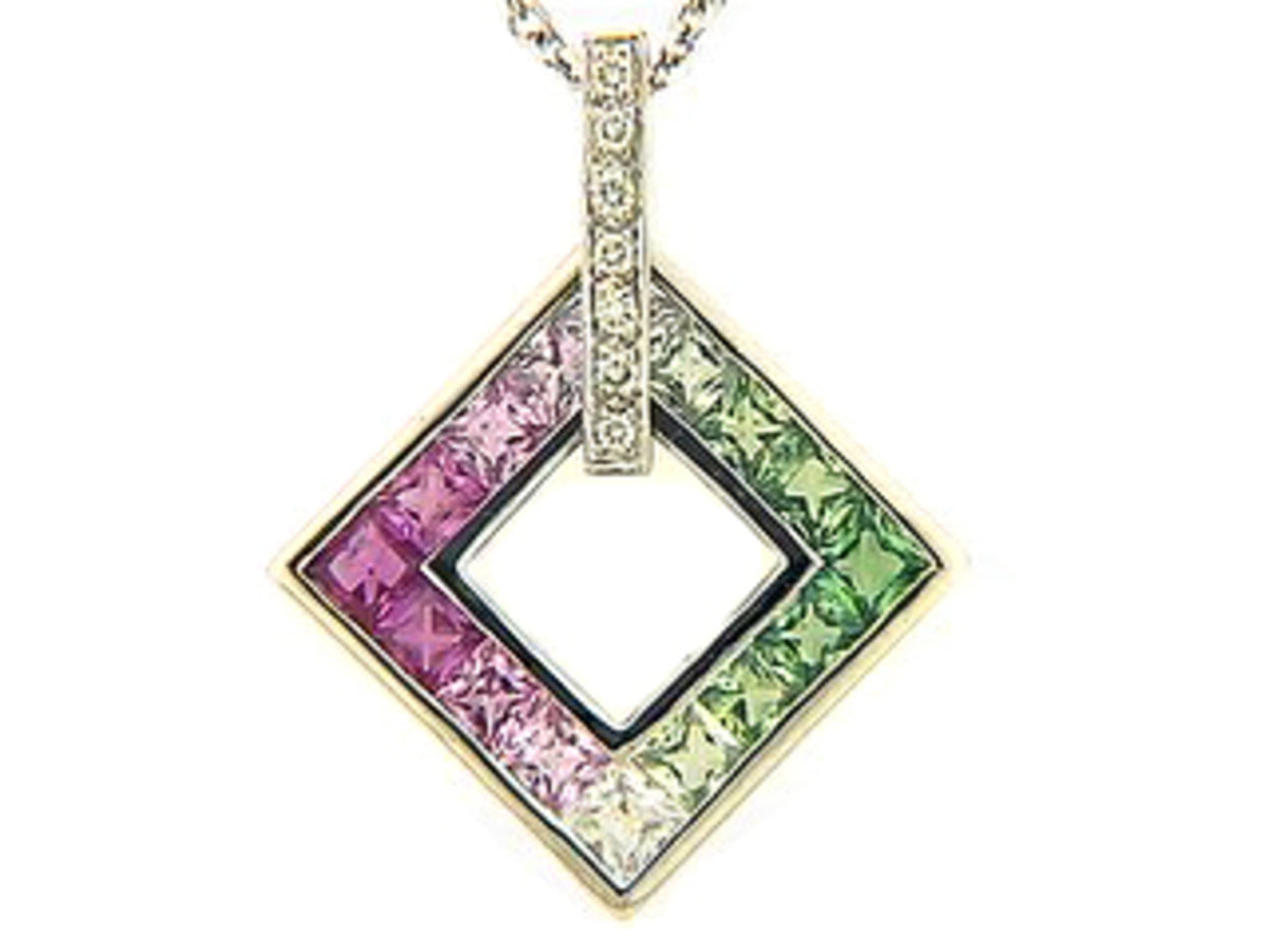 PINK SAPPHIRE, TSAVORITE & DIAMOND PENDANT, 18KW (H), C=1.58