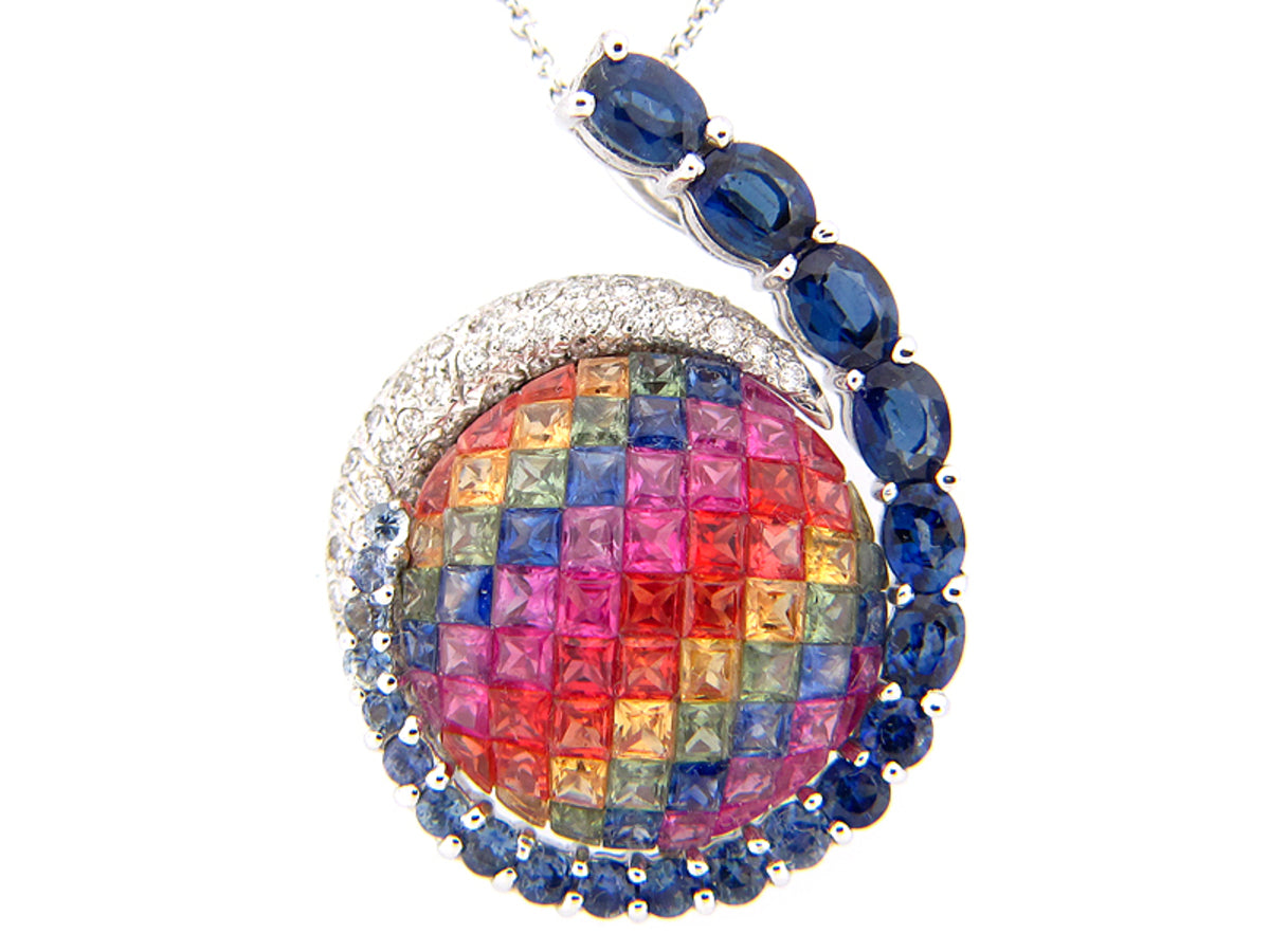 RAINBOW SAPPHIRE & DIAMOND PENDANT, 18KW (H/U), C=6.25