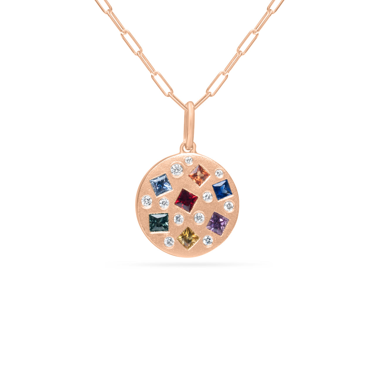 Rainbow Sapphire & Diamond Princess Disc Necklace