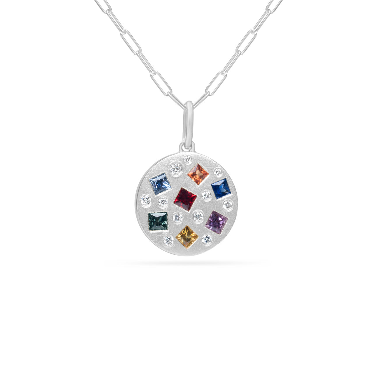 Rainbow Sapphire & Diamond Princess Disc Necklace