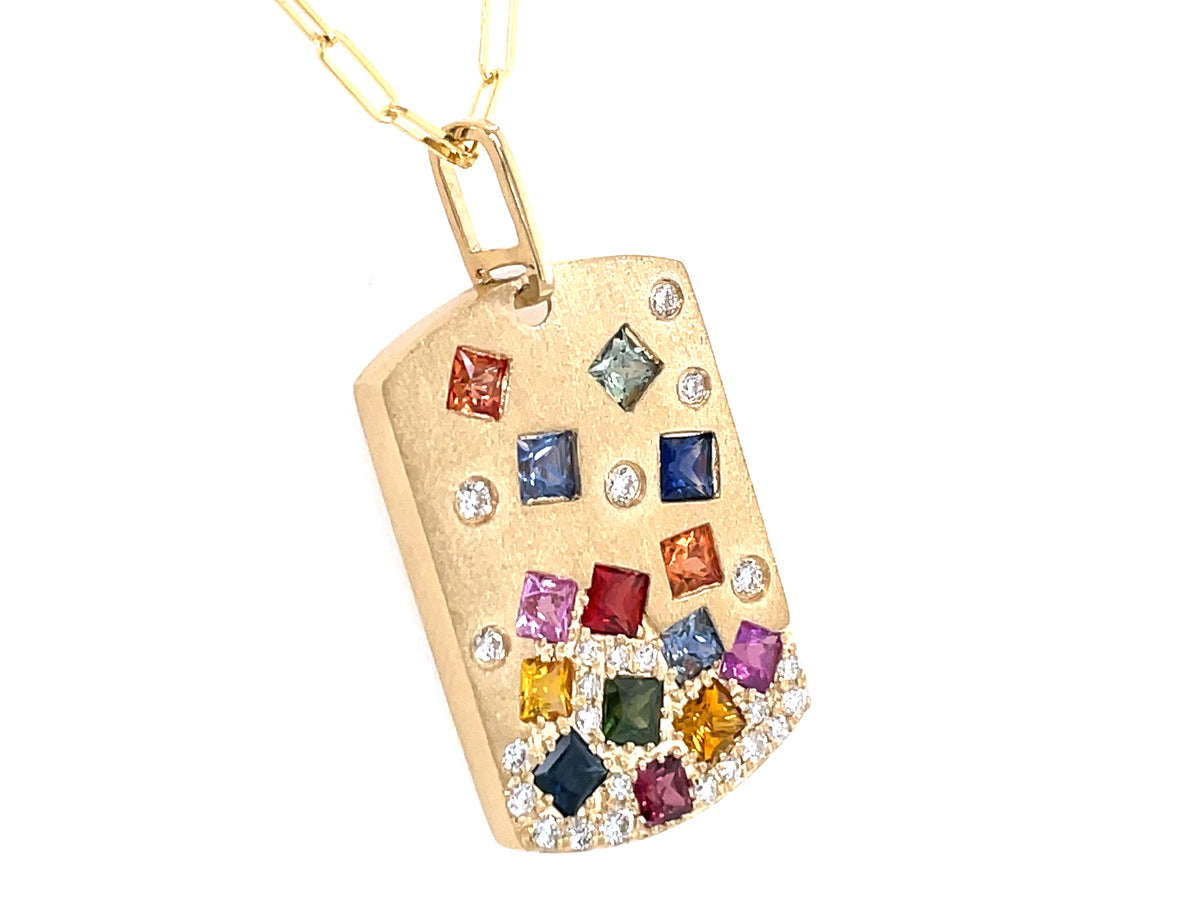 RAINBOW SAPPHIRE PRINCESS & DIAMOND DOGTAG PENDANT