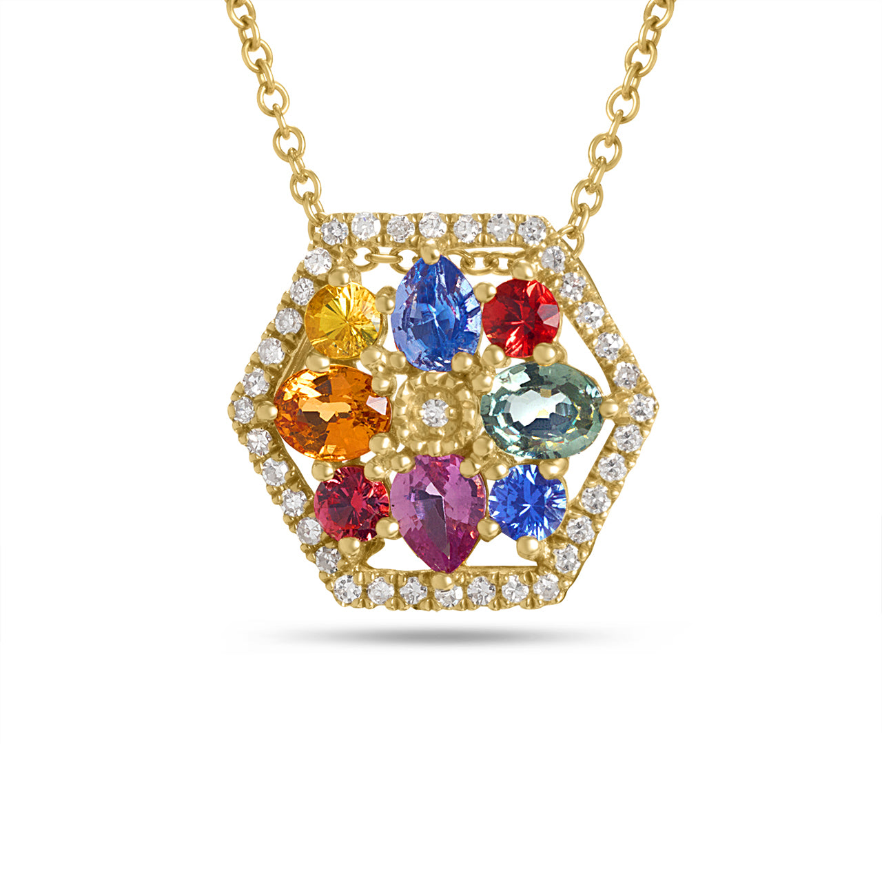 Rainbow Sapphire & Diamond Hexagon Necklace