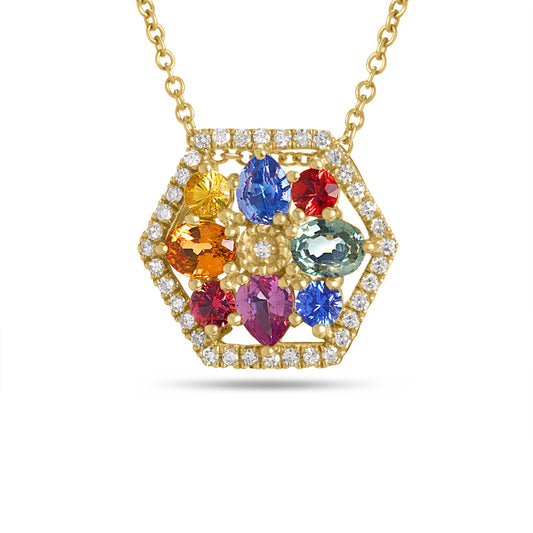 Rainbow Sapphire & Diamond Hexagon Necklace