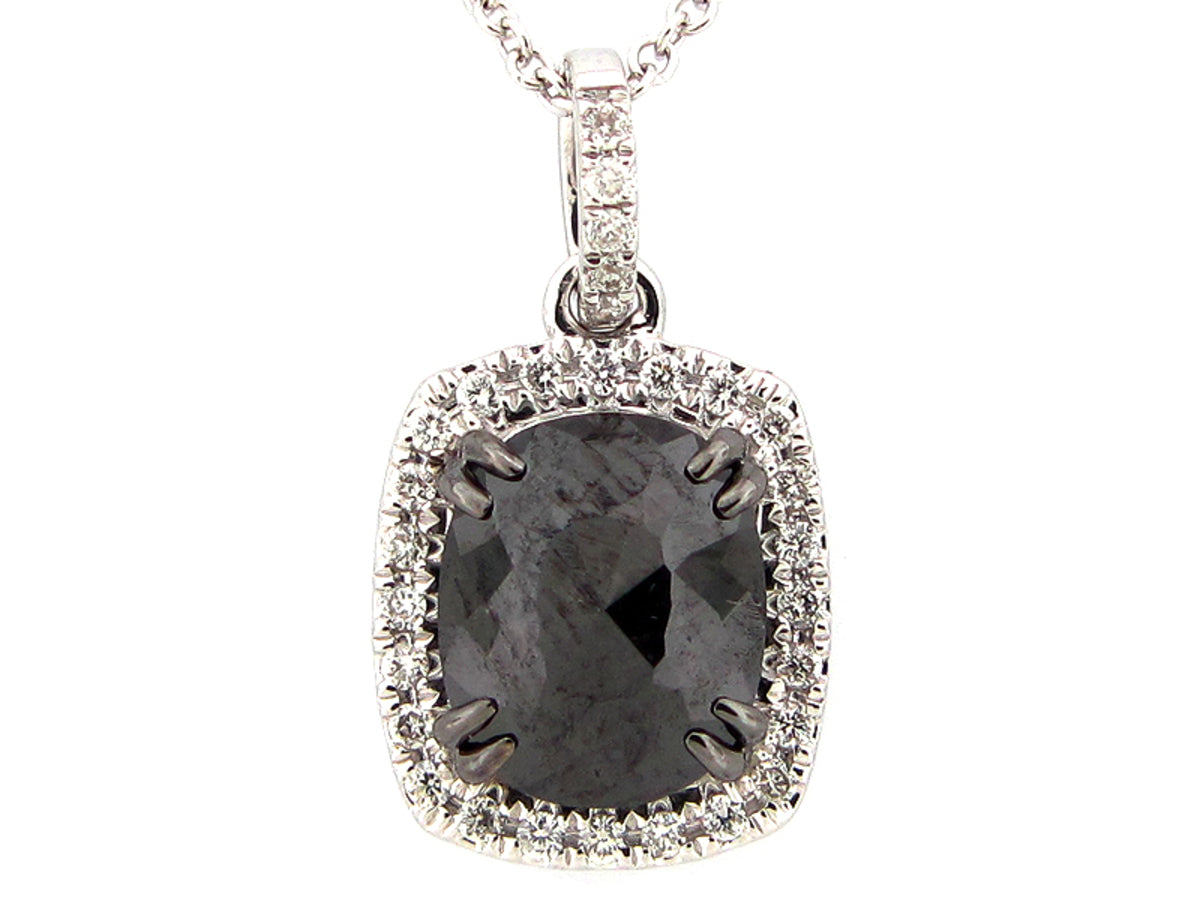 ROSE CUT BLACK & WHITE DIAMOND PENDANT, 14KW (R)