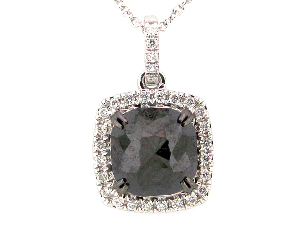 ROSE CUT BLACK & WHITE DIAMOND PENDANT, 14KW (R)