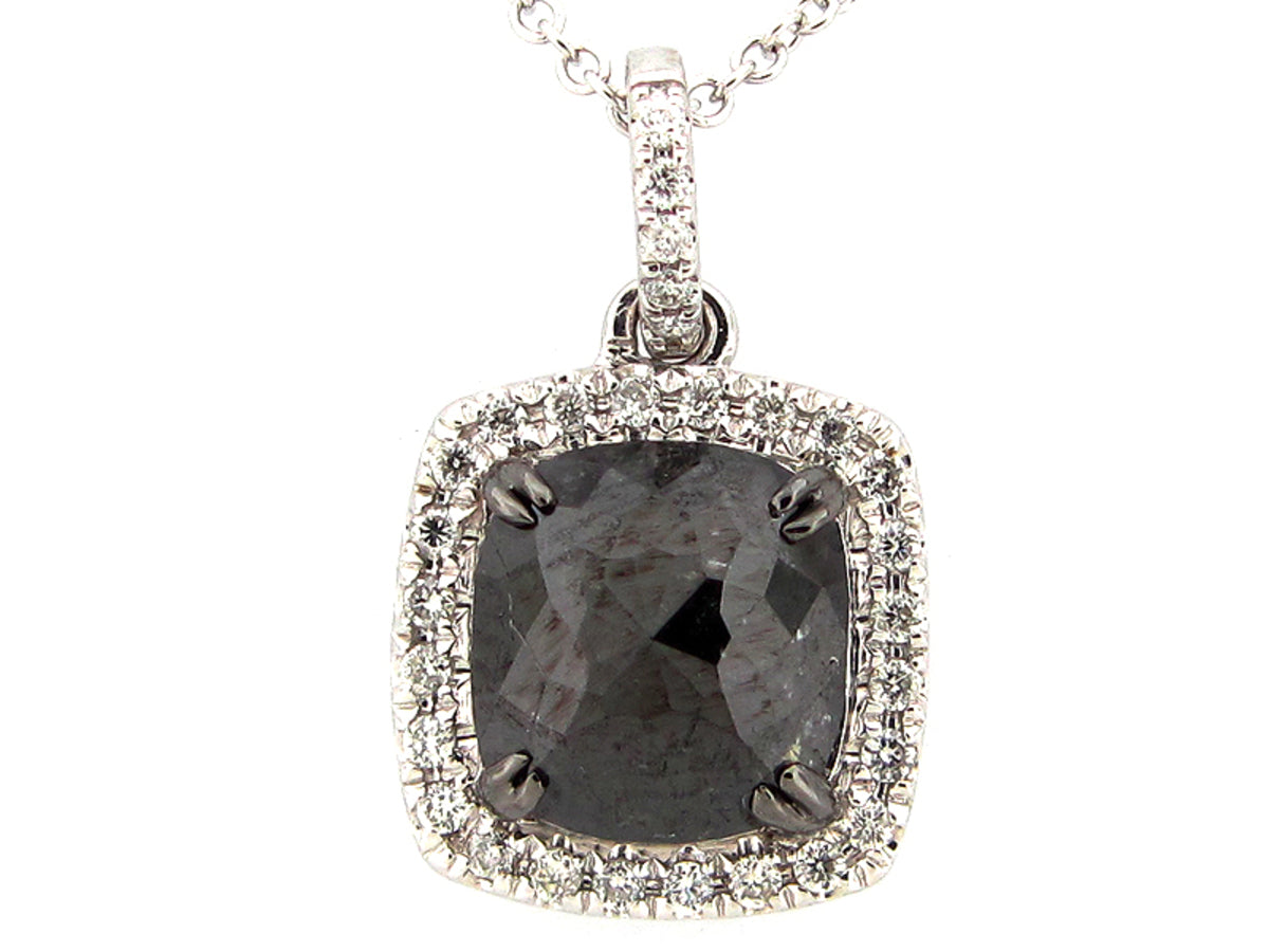 ROSE CUT BLACK & WHITE DIAMOND PENDANT, 14KW (R)