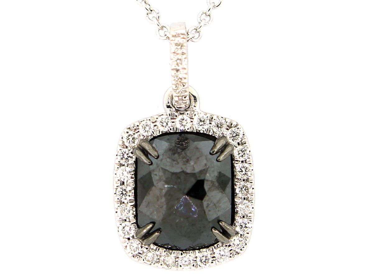 ROSE CUT BLACK & WHITE DIAMOND PENDANT, 14KW (R)