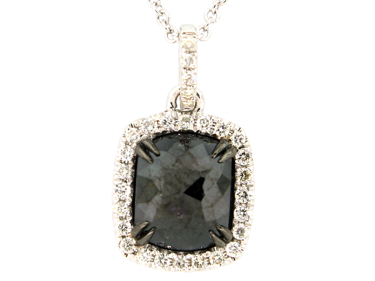 ROSE CUT BLACK & WHITE DIAMOND PENDANT, 14KW (R)