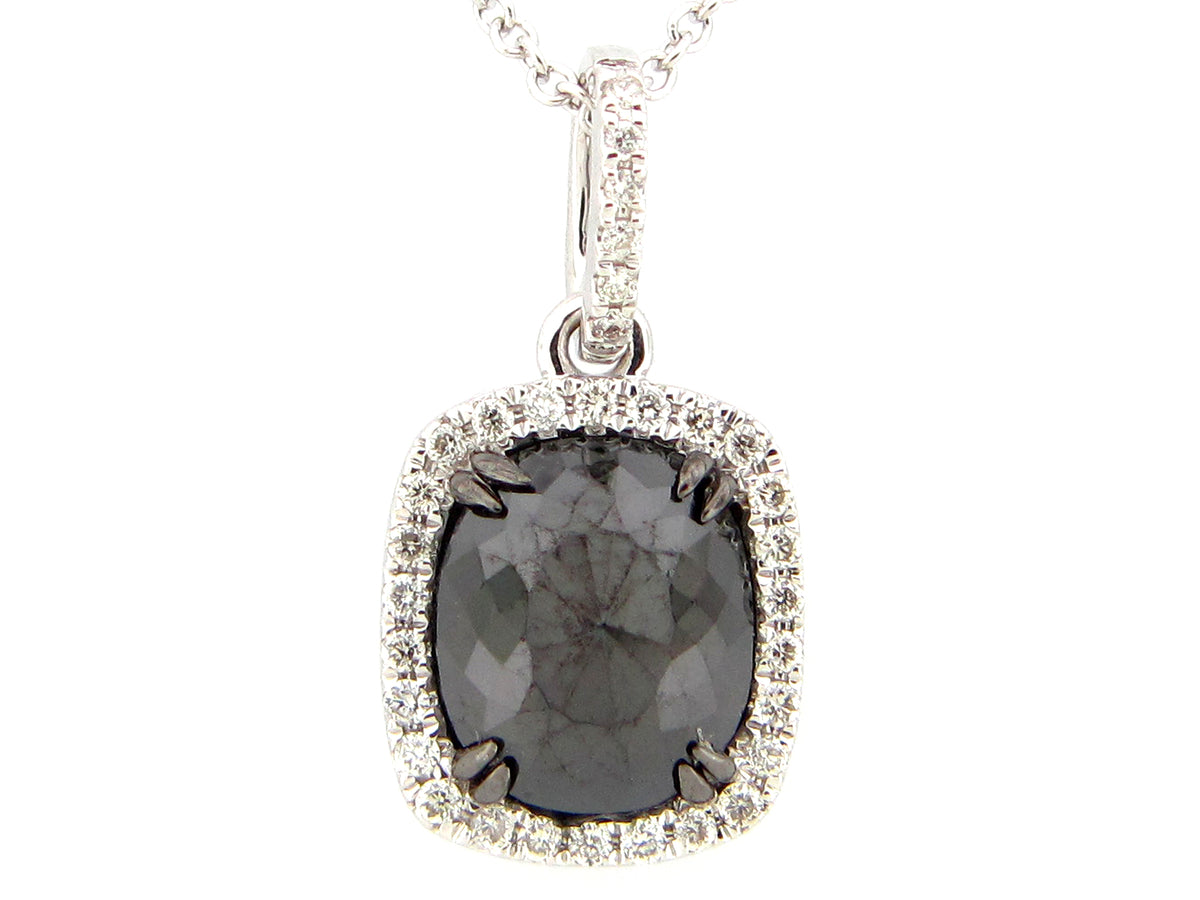 ROSE CUT BLACK & WHITE DIAMOND PENDANT, 14KW (R)