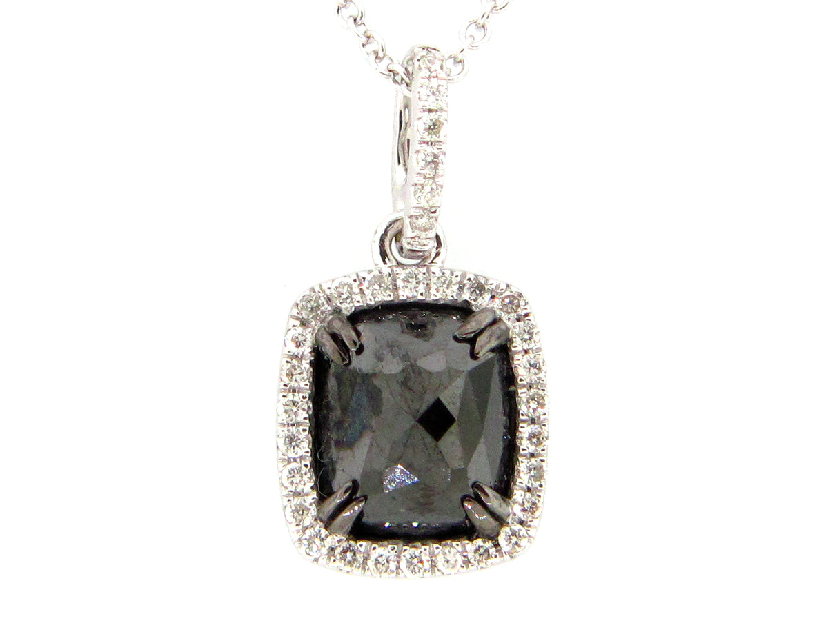 ROSE CUT BLACK & WHITE DIAMOND PENDANT, 14KW (R)