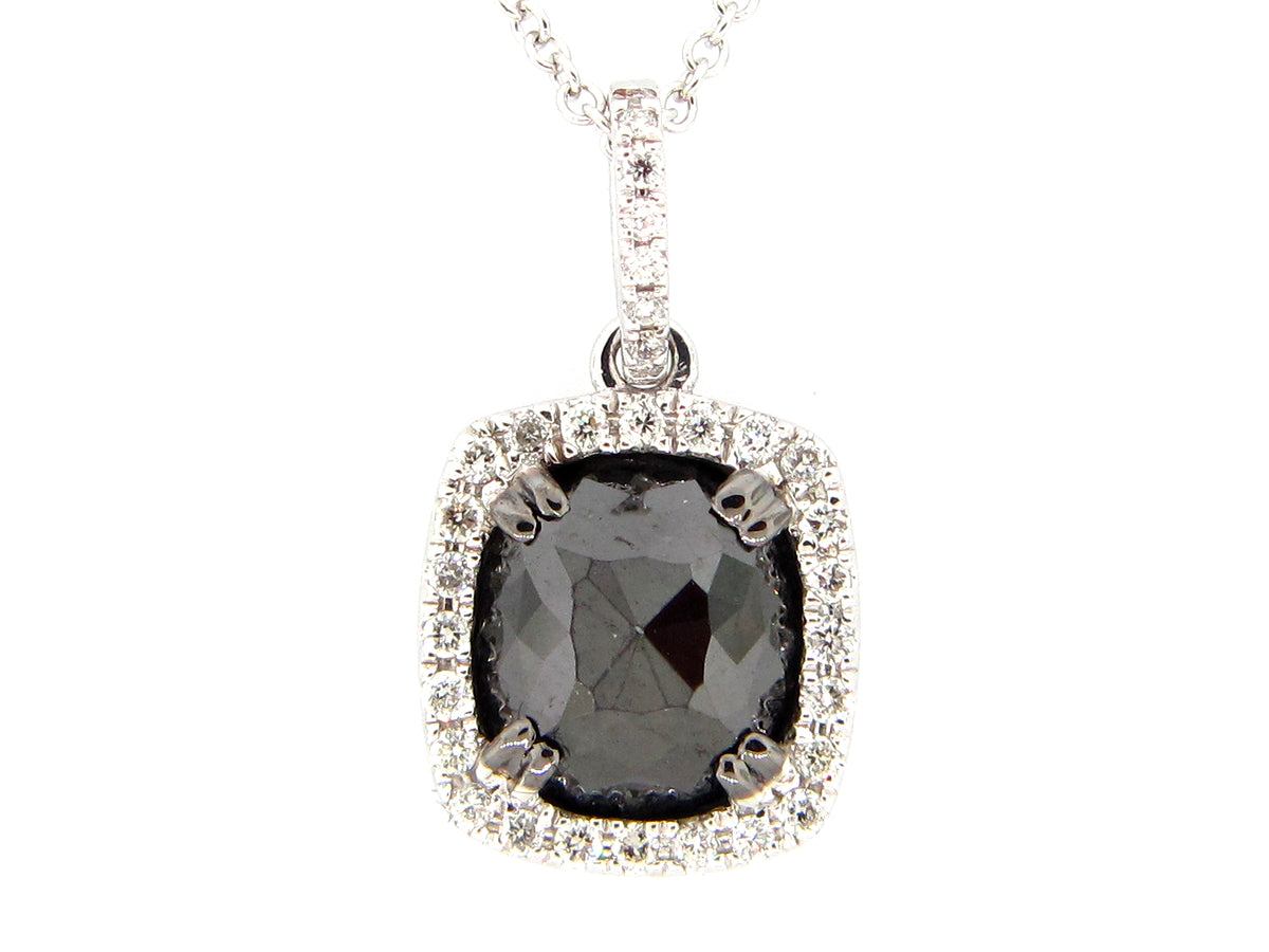 ROSE CUT BLACK & WHITE DIAMOND PENDANT, 14KW (R)