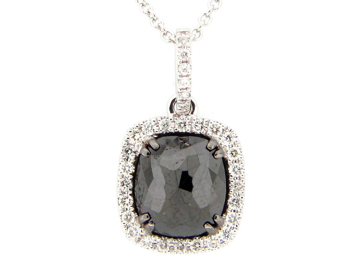ROSE CUT BLACK & WHITE DIAMOND PENDANT, 14KW (R)