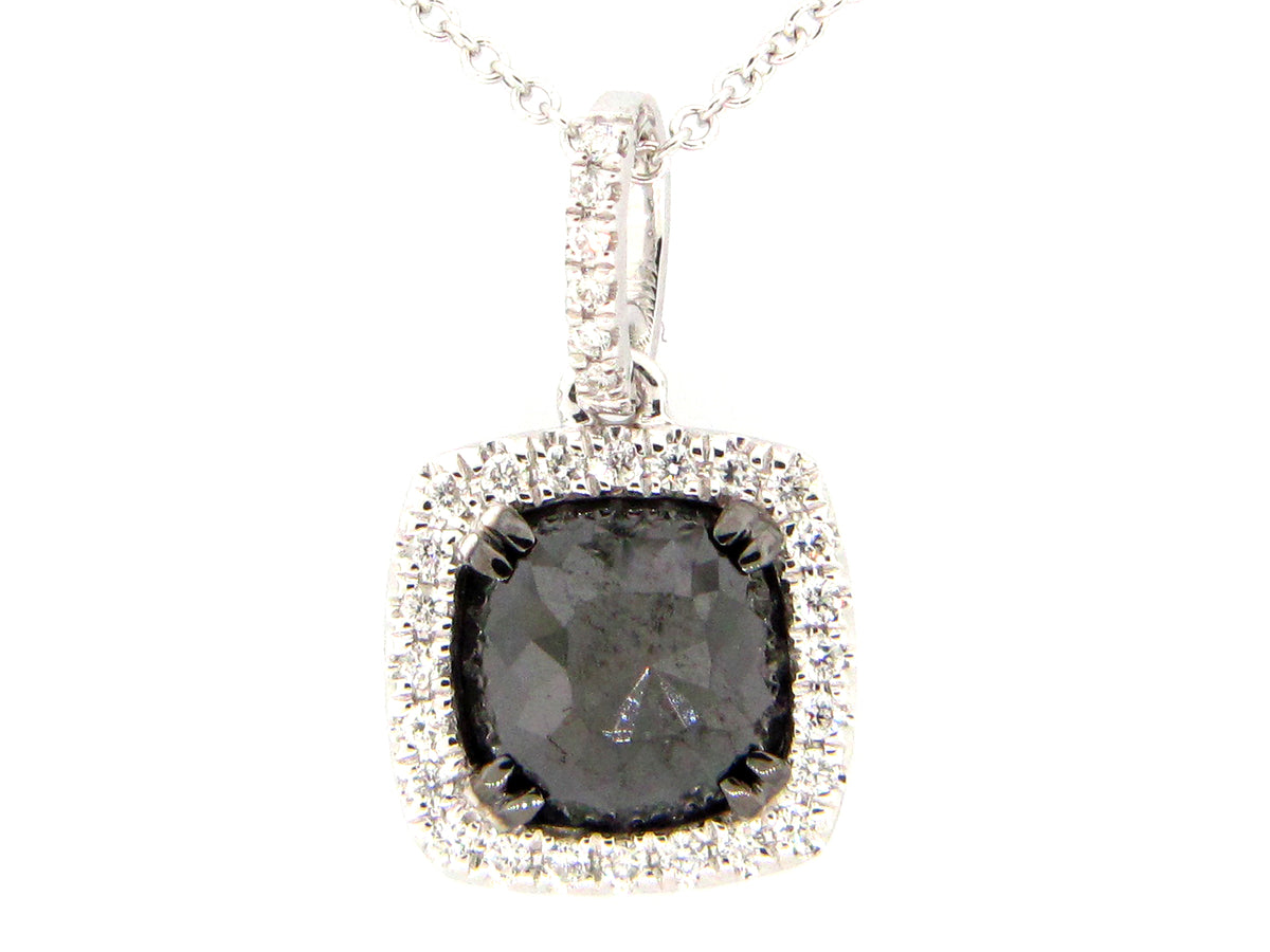 ROSE CUT BLACK & WHITE DIAMOND PENDANT, 14KW (R)