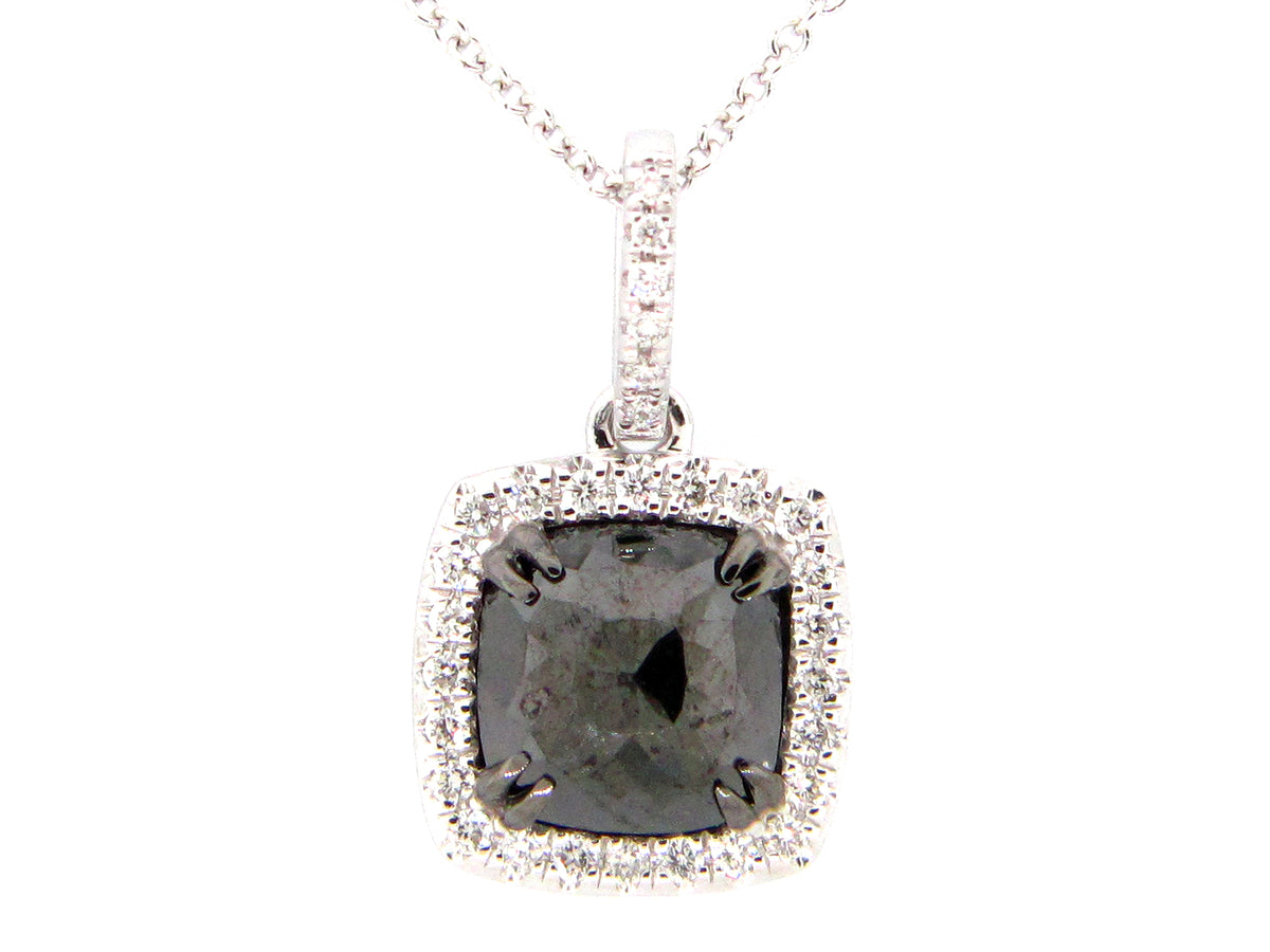 ROSE CUT BLACK & WHITE DIAMOND PENDANT, 14KW (R)