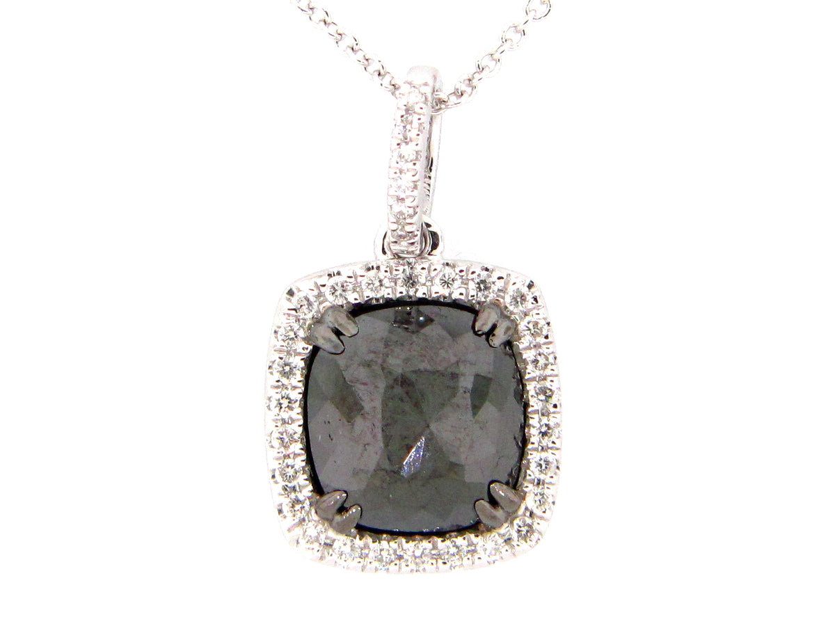 ROSE CUT BLACK & WHITE DIAMOND PENDANT, 14KW (R)