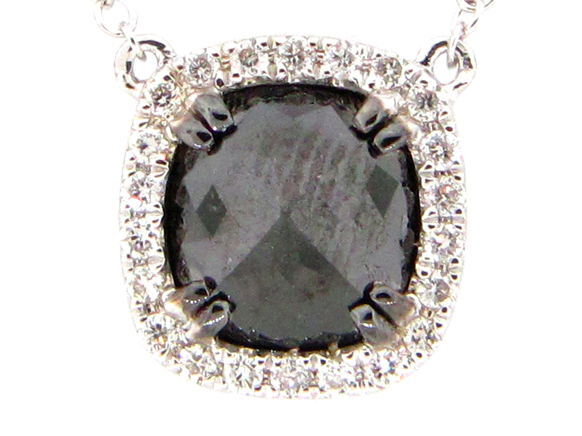 ROSE CUT BLACK & WHITE DIAMOND PENDANT NECKLACE, 18"/17"/16", 14KW (R)
