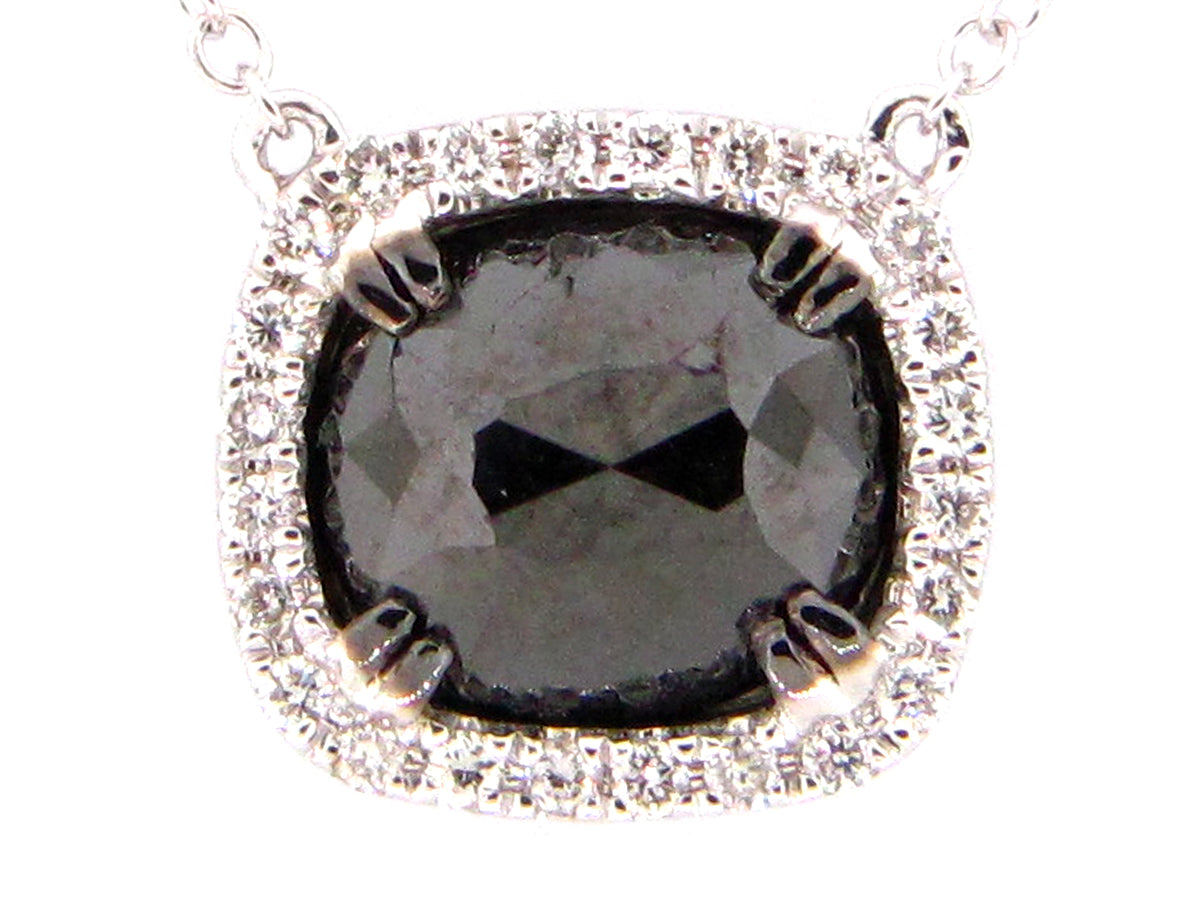 ROSE CUT BLACK & WHITE DIAMOND PENDANT NECKLACE, 18"/17"/16", 14KW (R)