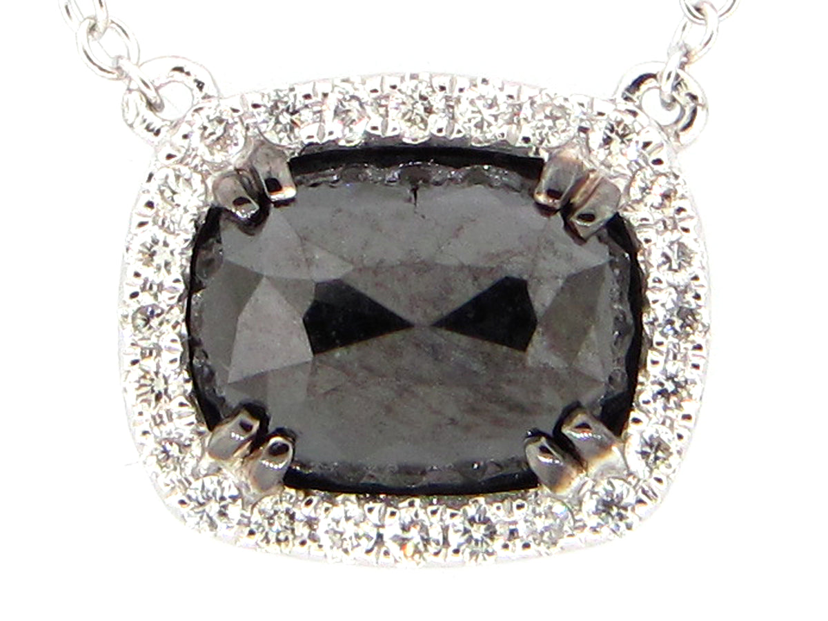 ROSE CUT BLACK & WHITE DIAMOND PENDANT NECKLACE, 18"/17"/16", 14KW (R)