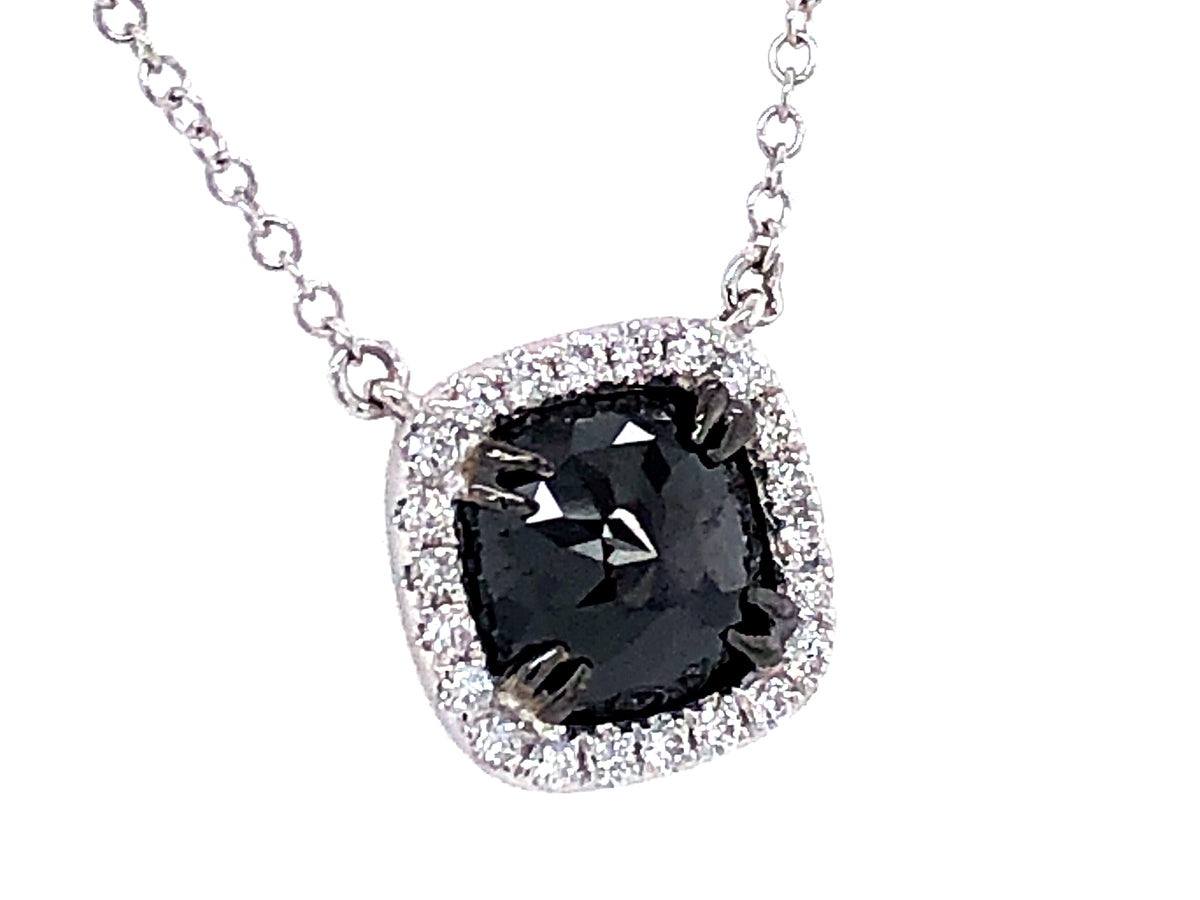 ROSE CUT BLACK & WHITE DIAMOND PENDANT NECKLACE, 18"/17"/16", 14KW (R)