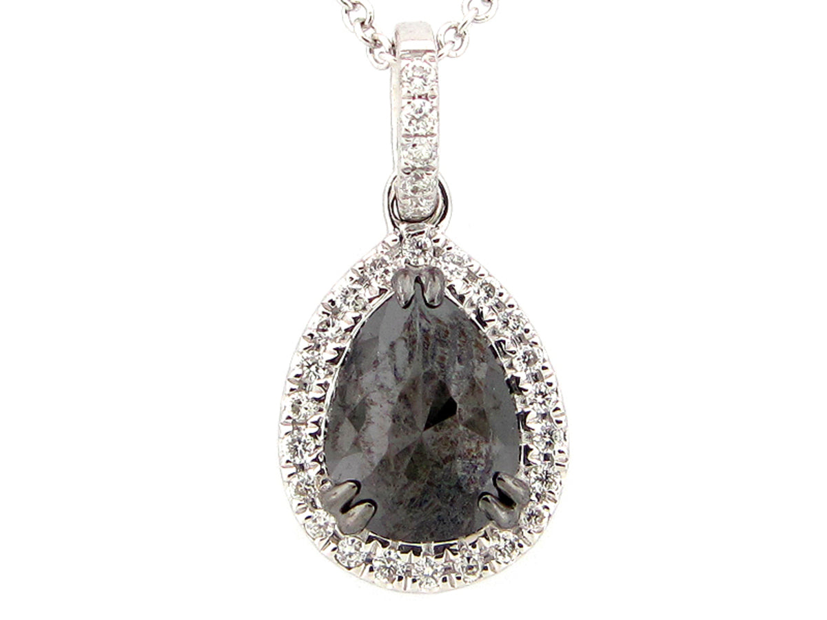 ROSE CUT BLACK & WHITE DIAMOND PENDANT, 14KW (R)