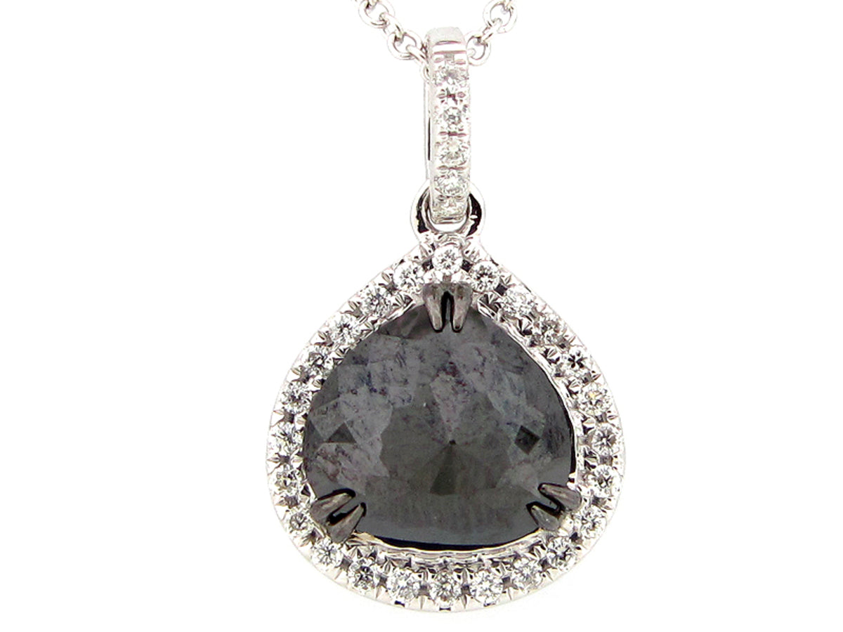 ROSE CUT BLACK & WHITE DIAMOND PENDANT, 14KW (R)