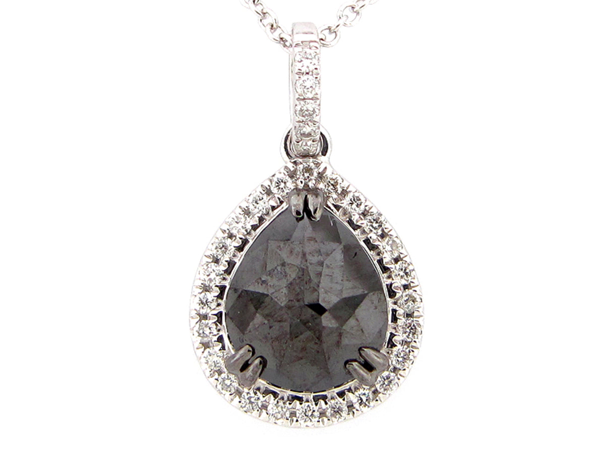 ROSE CUT BLACK & WHITE DIAMOND PENDANT, 14KW (R)