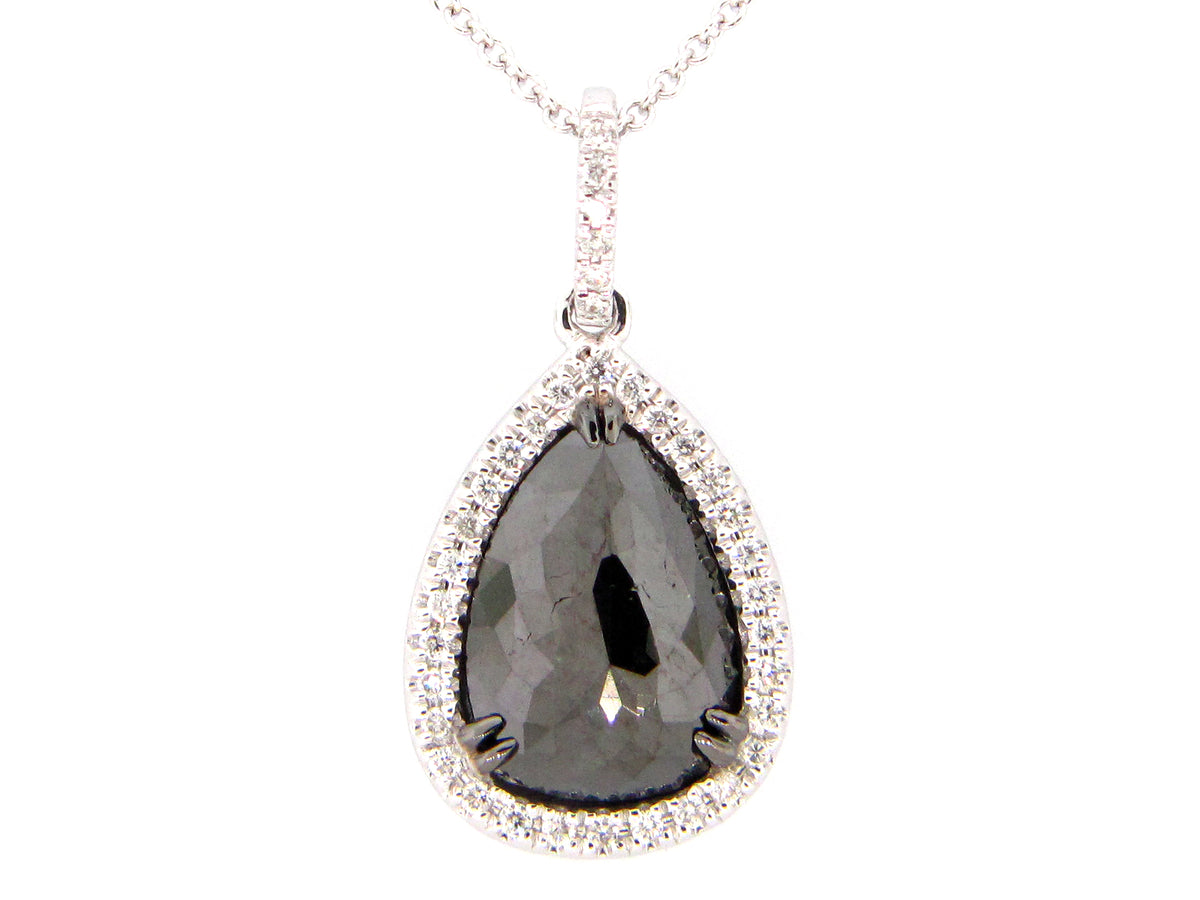 ROSE CUT BLACK & WHITE DIAMOND PENDANT, 14KW (R)