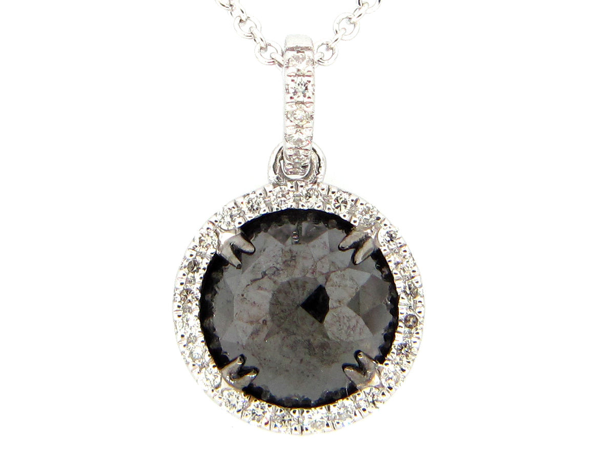 ROSE CUT BLACK & WHITE DIAMOND PENDANT, 14KW (R)