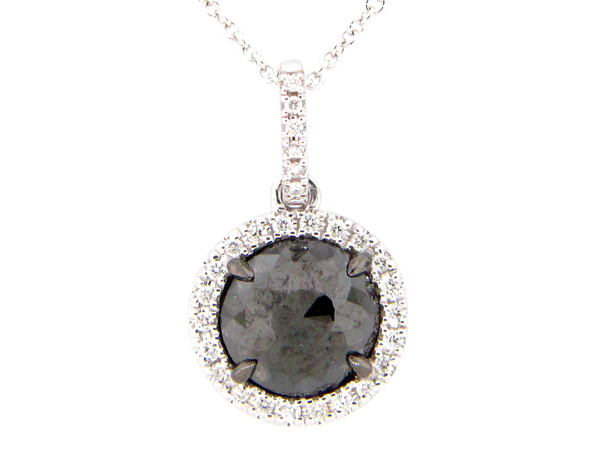 ROSE CUT BLACK & WHITE DIAMOND PENDANT, 14KW (R)