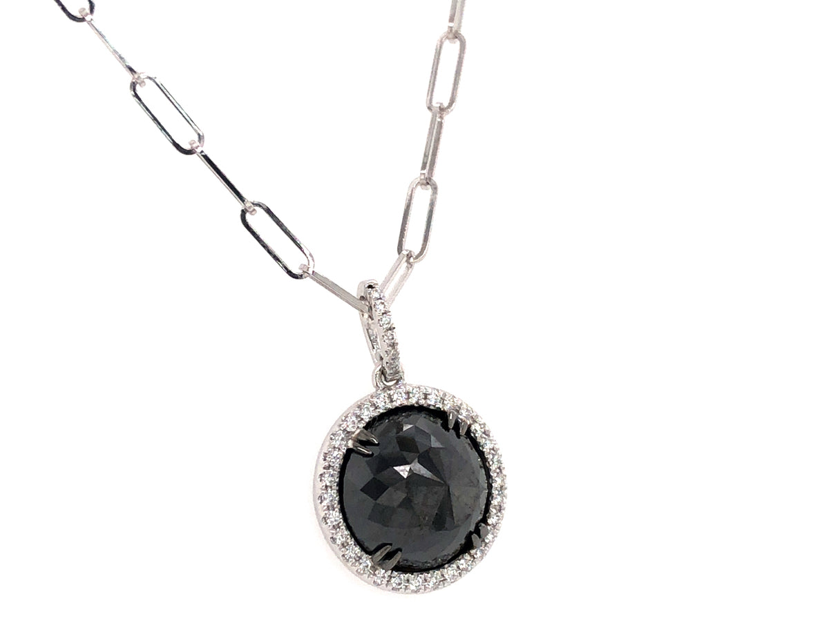 ROSE CUT BLACK & WHITE DIAMOND PENDANT, 18" PAPERCLIP CHAIN