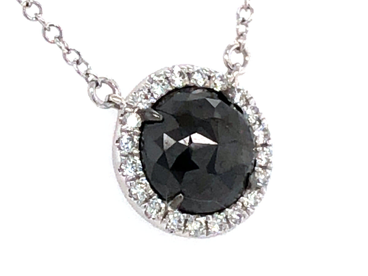 ROSE CUT ROUND BLACK & WHITE DIAMOND PENDANT, 18"/17"/16", 14KW (R)
