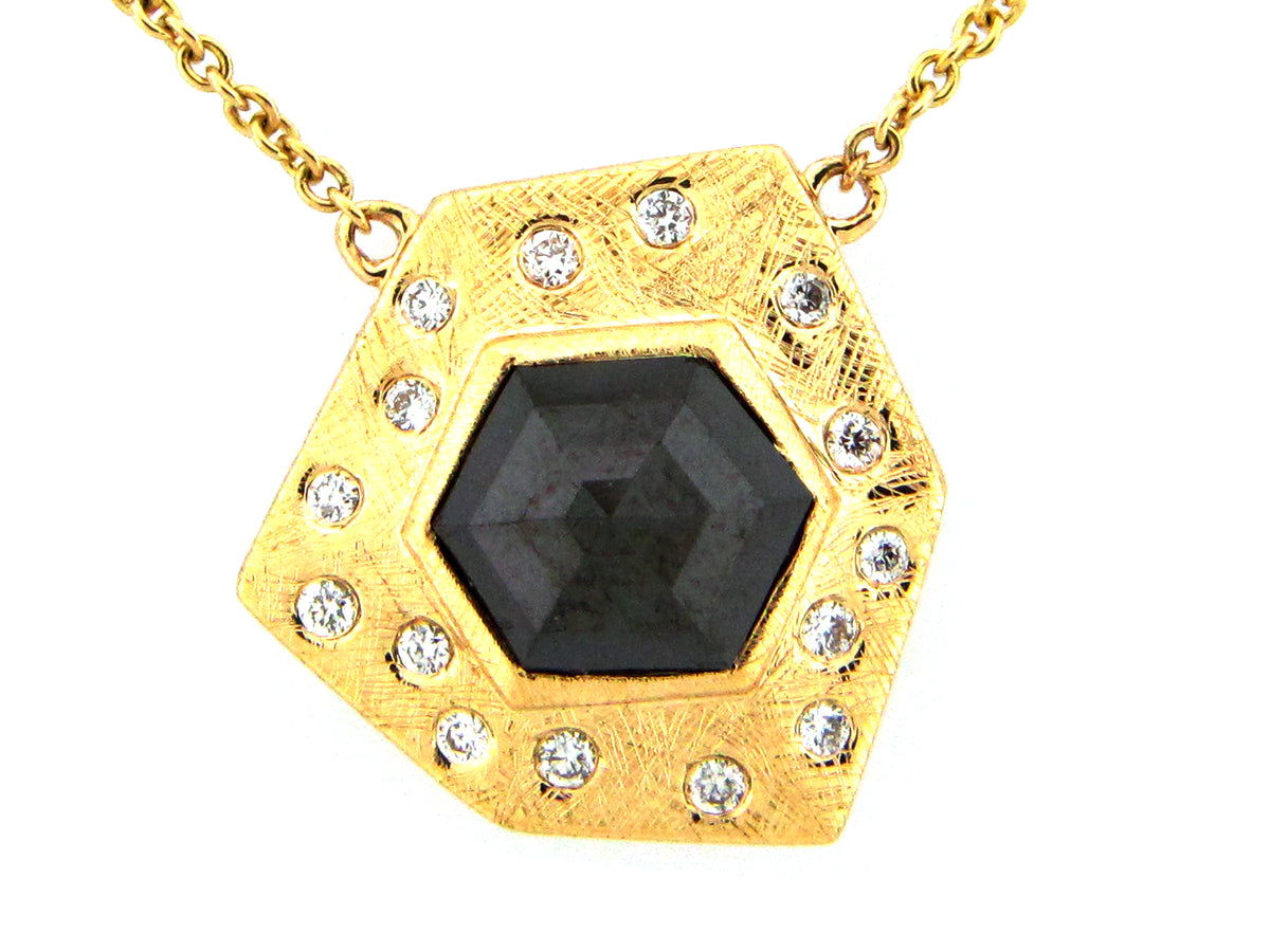 HEXAGON ROSE CUT BLACK & WHITE DIAMOND PENDANT NECKLACE, 18"/17"/16", 18KY (R)