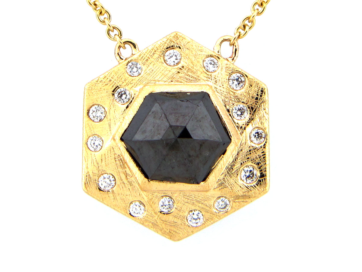 HEXAGON ROSE CUT BLACK & WHITE DIAMOND PENDANT NECKLACE, 18"/17"/16", 18KY (R)