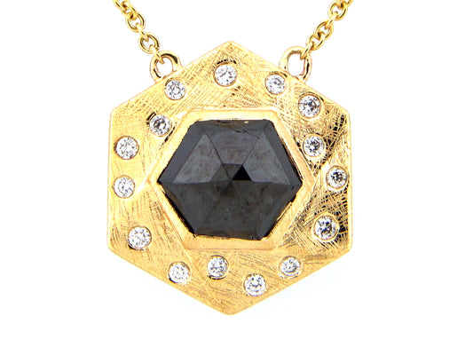 HEXAGON ROSE CUT BLACK & WHITE DIAMOND PENDANT NECKLACE, 18"/17"/16", 18KY (R)