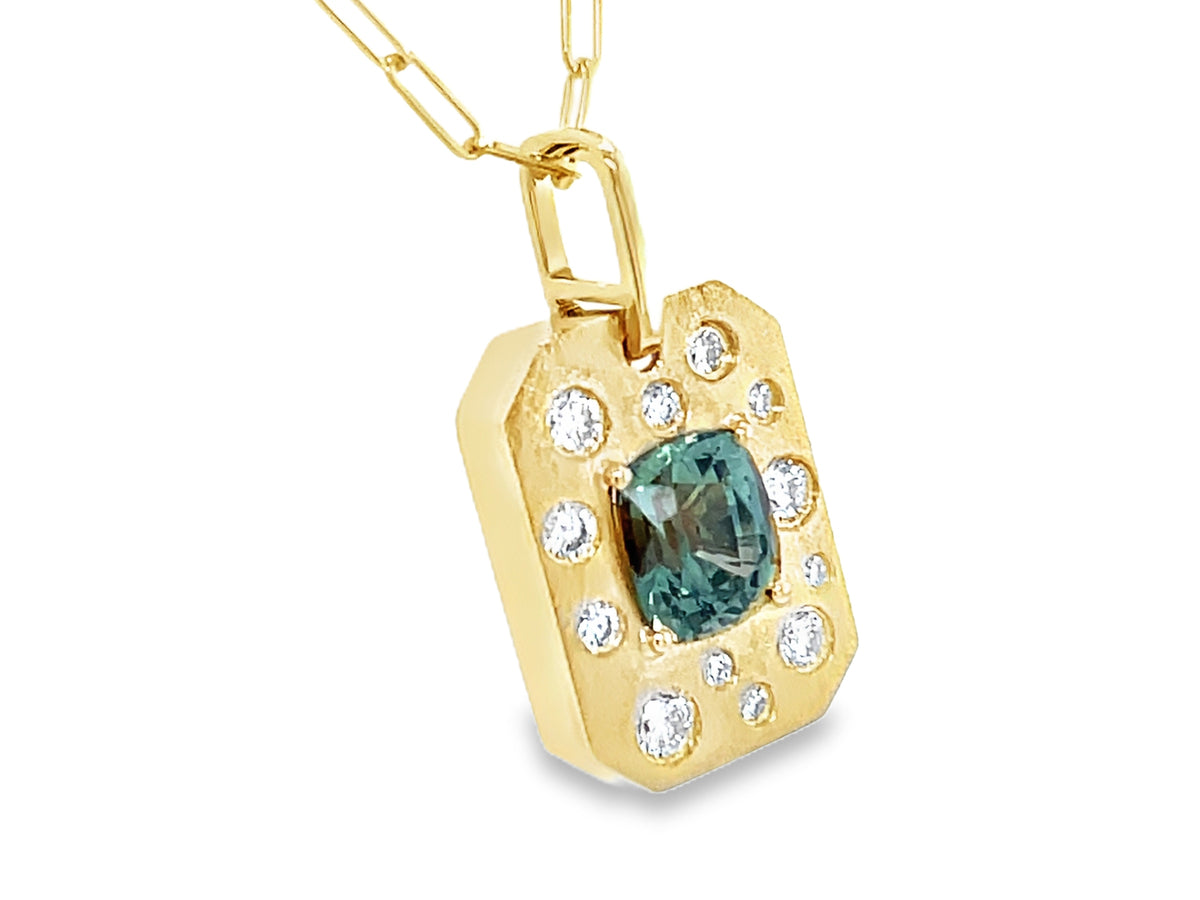 NATURAL NO HEAT GREEN SAPPHIRE CUSHION & DIAMOND CONFETTI OCTAGON PENDANT, 18" PAPER CLIP CHAIN, SATIN FINISH